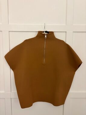 Zara Brown Short-Sleeve Funnel Neck Top with Zip